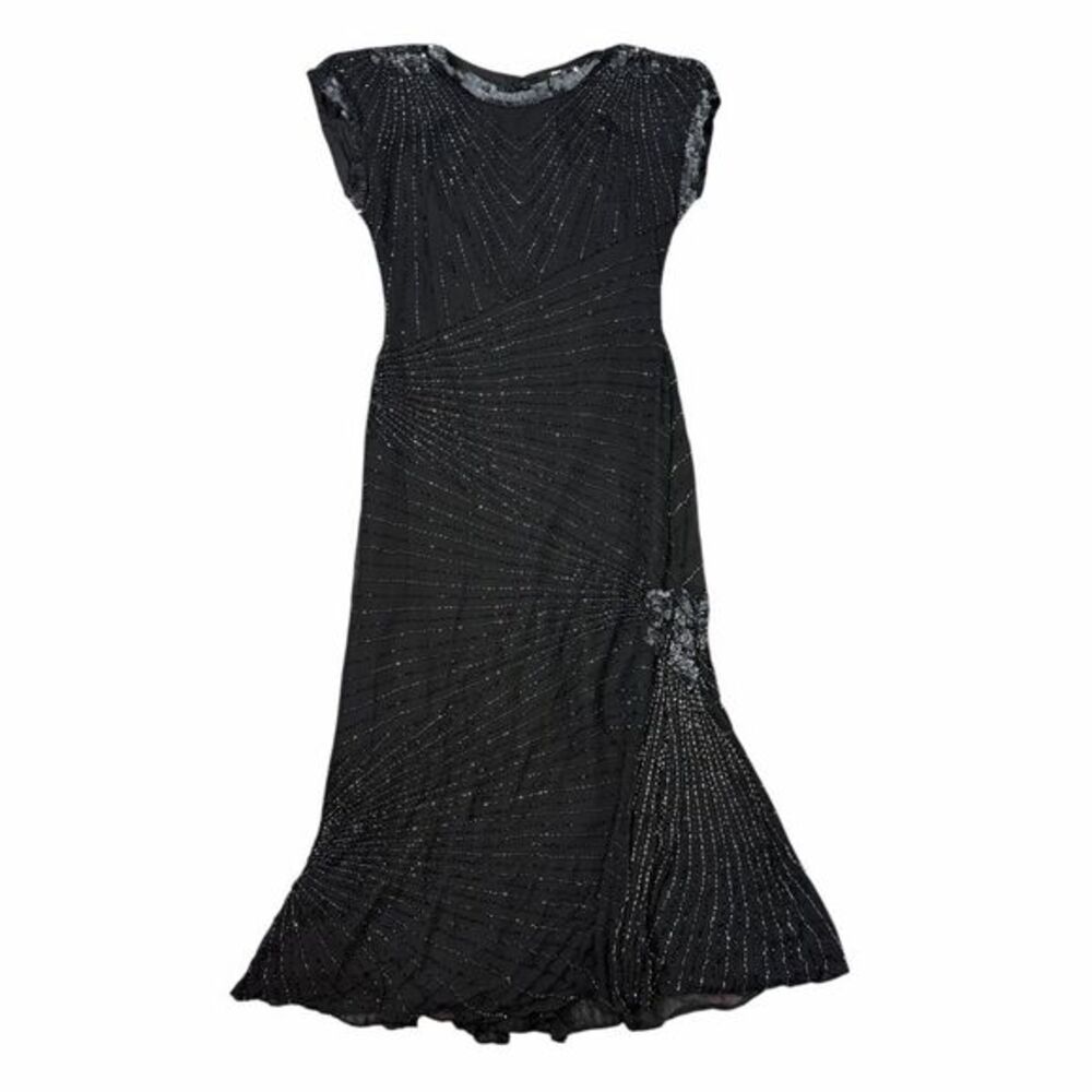 Vintage Oleg Cassini Midi Dress Sz 10 Black Silk Beaded Sequin Sheath Gown Maxi